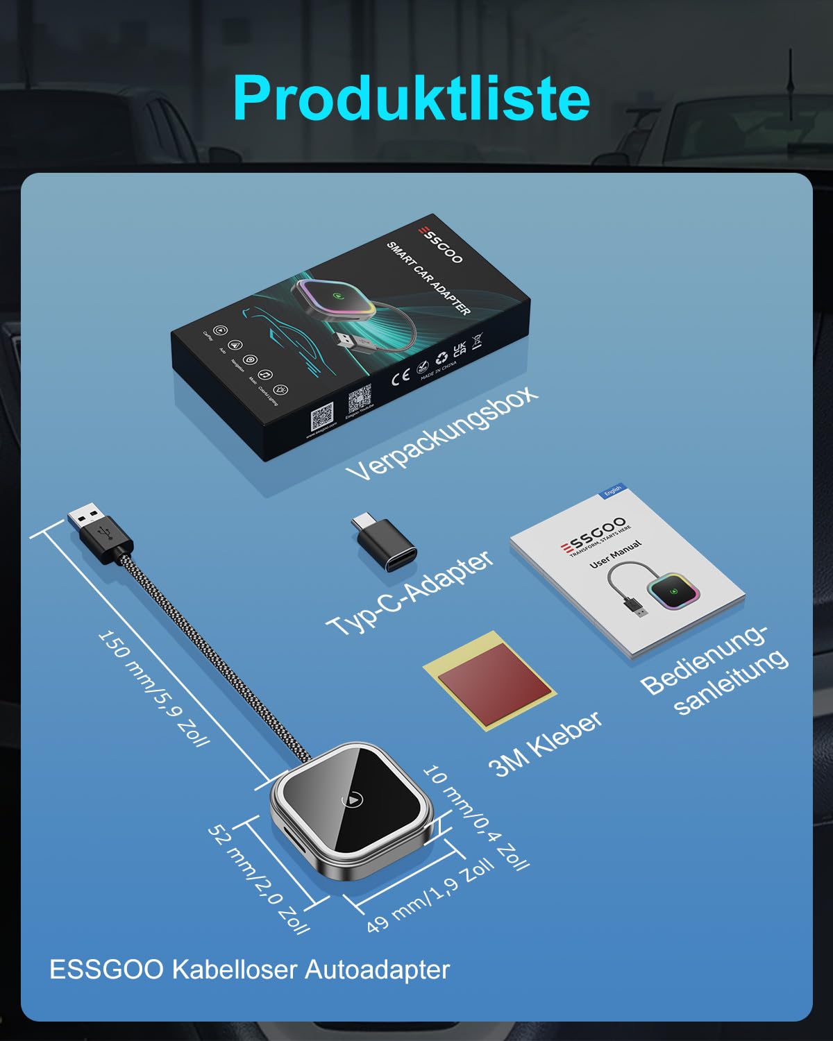 ESSGOO CarPlay Wireless Adapter für Apple,Android Auto Kabelloses Car Bluetooth WiFi Adapter USB C/A für iPhone iOS 10+,Android 11+,Plug und Play,Mini,Sprachgesteuerte Farbige RGB LED Leuchten