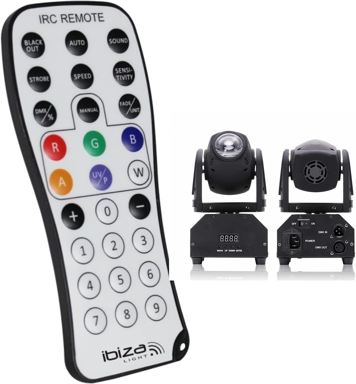 Front and rear view of IBIZA LIGHT LMH250 DMX Moving Head Light showing ports