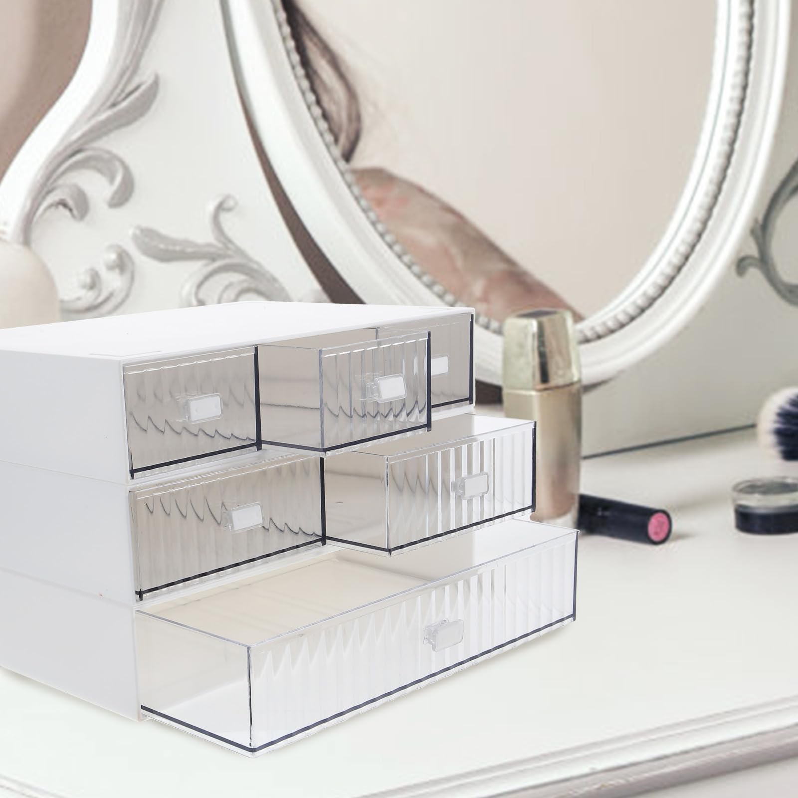 INOOMP Organiseur de Bureau Blanc à Tiroirs Empilables en PP Grosse Capacité et Rangement Classé, et Disques de Maquillage