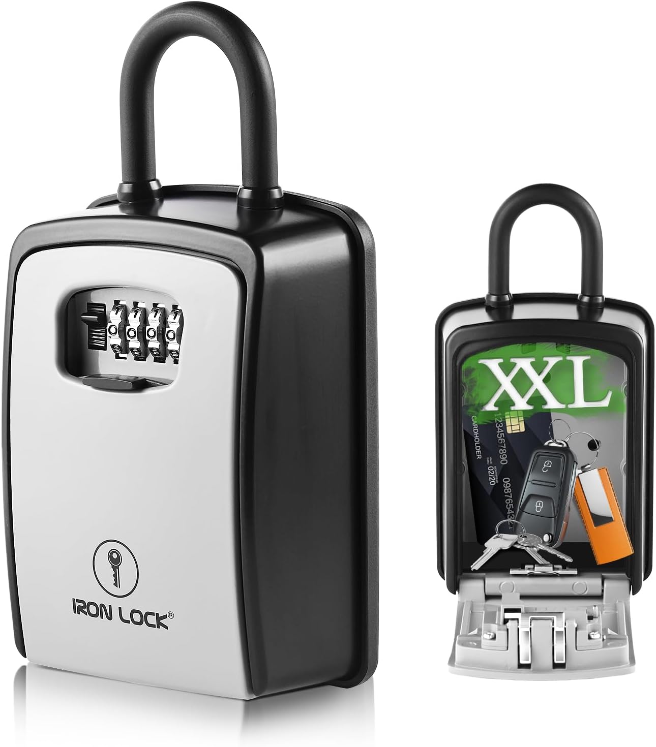 Iron Lock XXL Portable Key Lock Box and Wall Mounted with Removable U-Shackle Waterproof Indoor Outdoor 4 Digit Combo with Resettable Code with A B Switch Extra Large Key Lockbox Outside (XXL, Grey)
