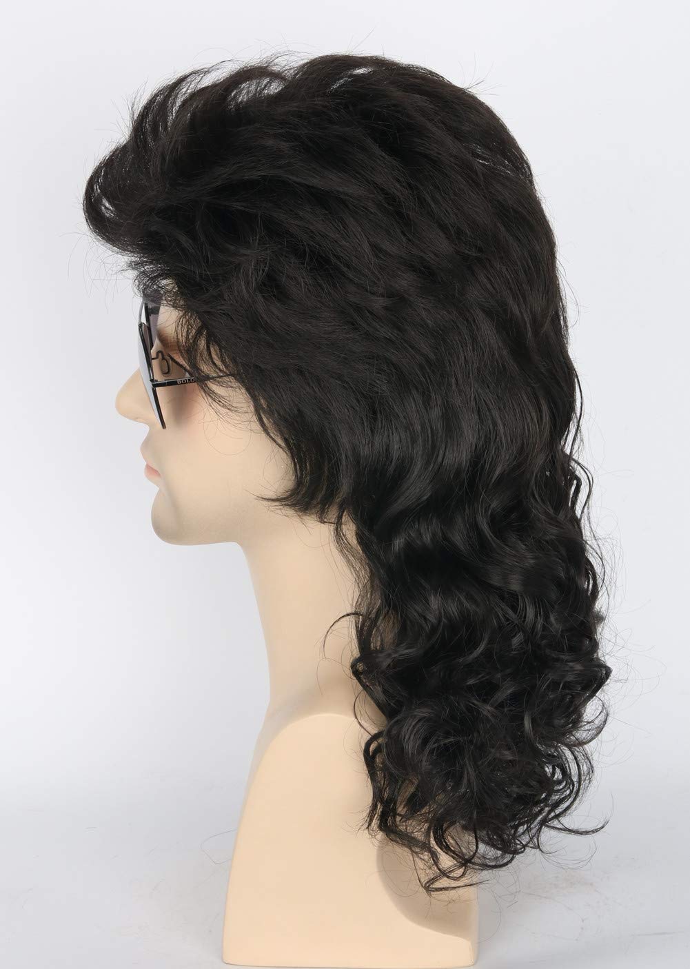 Topcosplay Men's 80s Mullet Wig - Black Curly Male Wig for Halloween Costumes, Punk Rocker Style
