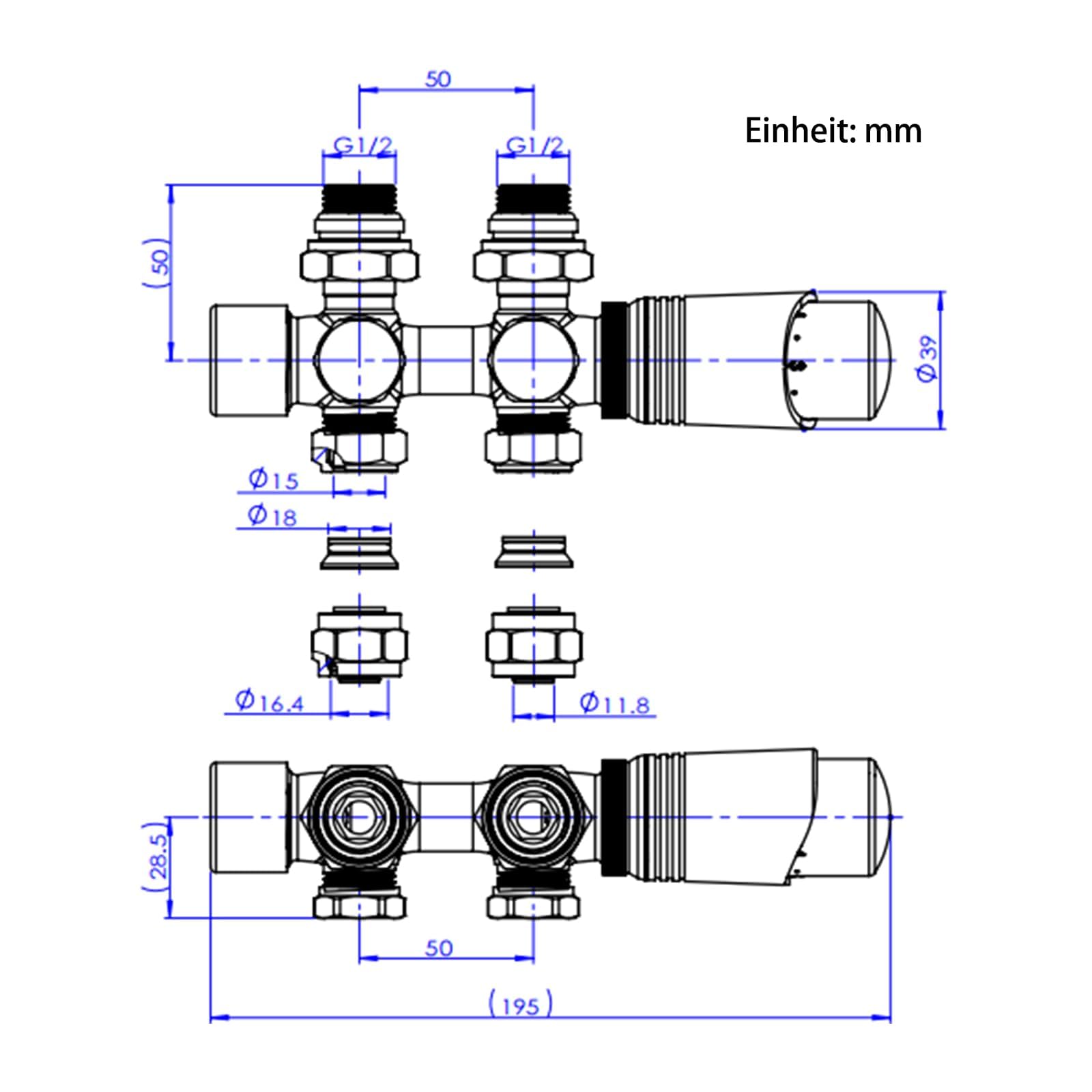 Heizkörperthermostat Heizkörper Durchgangsventil Eckventil 1/2 zoll φ15&16 Hahnblock Heizkörper Thermostat für Badheizkörper Handtuchheizkörper Mittelanschluss Multiblock Set (Weiß)