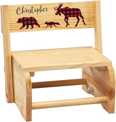 Taburete y silla personalizados 2 en 1 para niños, madera natural, diseño de cuadros búfalo con nombre personalizado