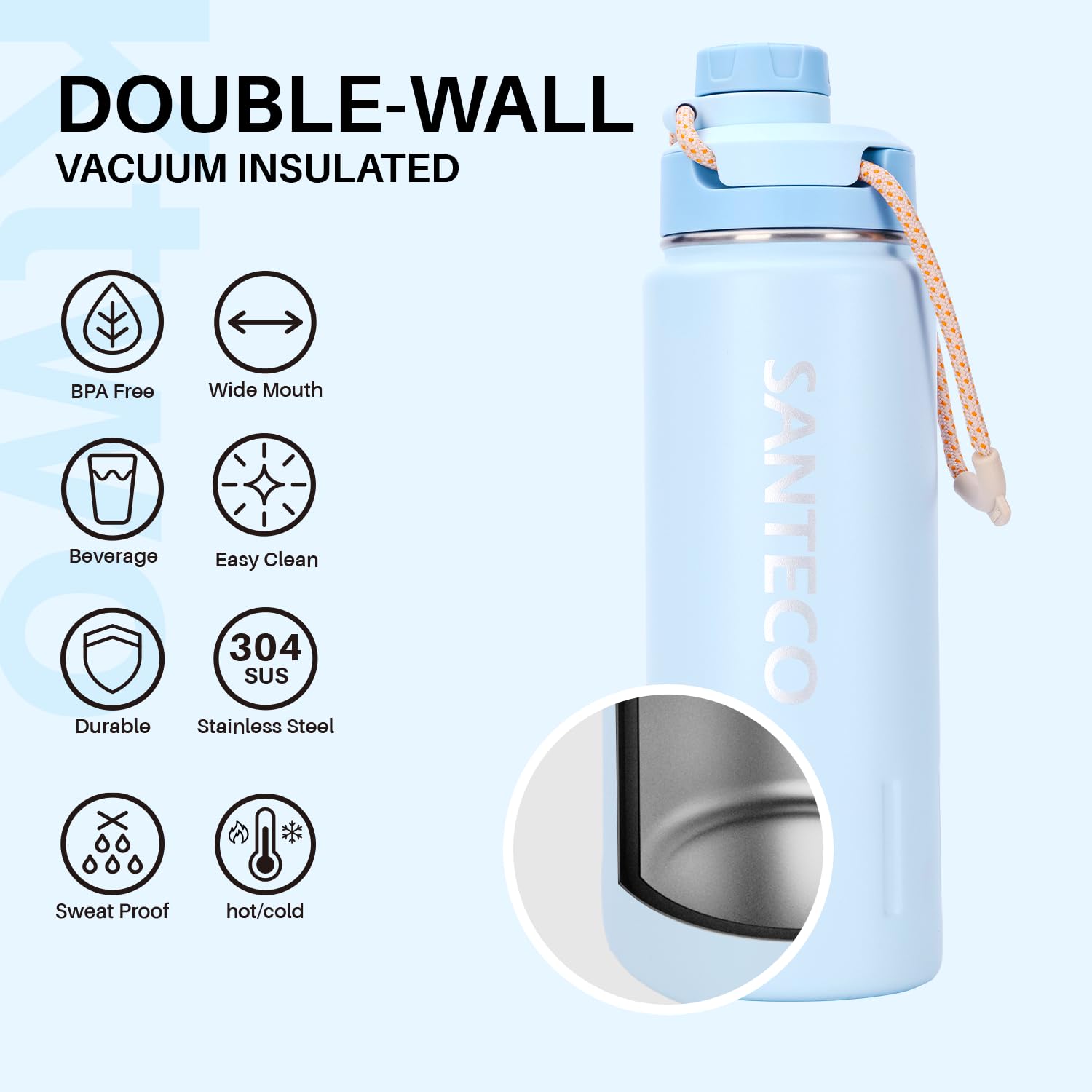 SANTECO Bottiglia d'acqua isolata (710 ml), bottiglia in acciaio inox con tracolla e chiusura a collo largo, a prova di perdite, bottiglia sottovuoto a doppia parete, mantiene le bevande calde e