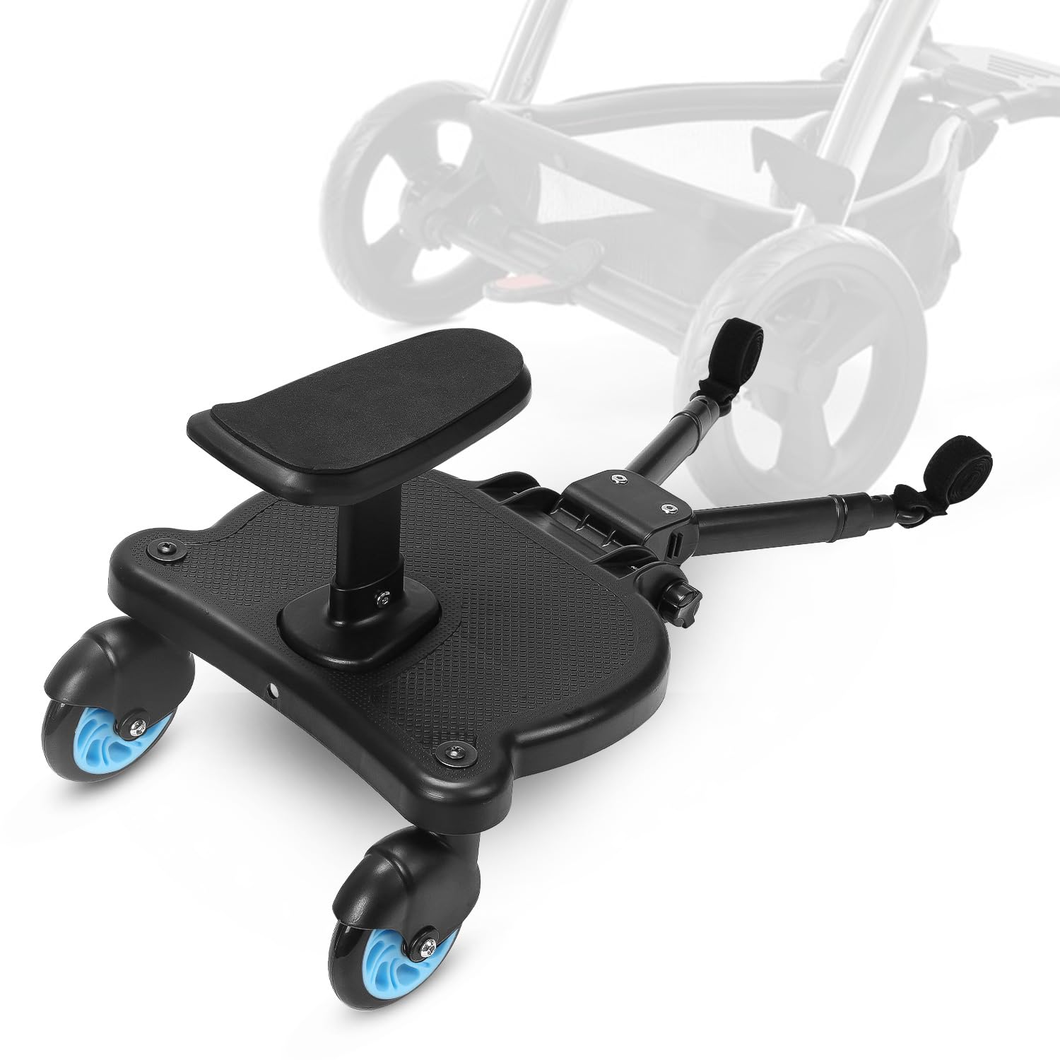 𝗝𝗮𝘅𝗴𝘂𝗼𝗺 Buggy Board mit Sitz, Kiddy Board für Kinderwagen, Universal Trittbrett mit abnehmbarem Sitz, 360 Grad Doppelrad, verstellbar, bis 25 kg, Blau