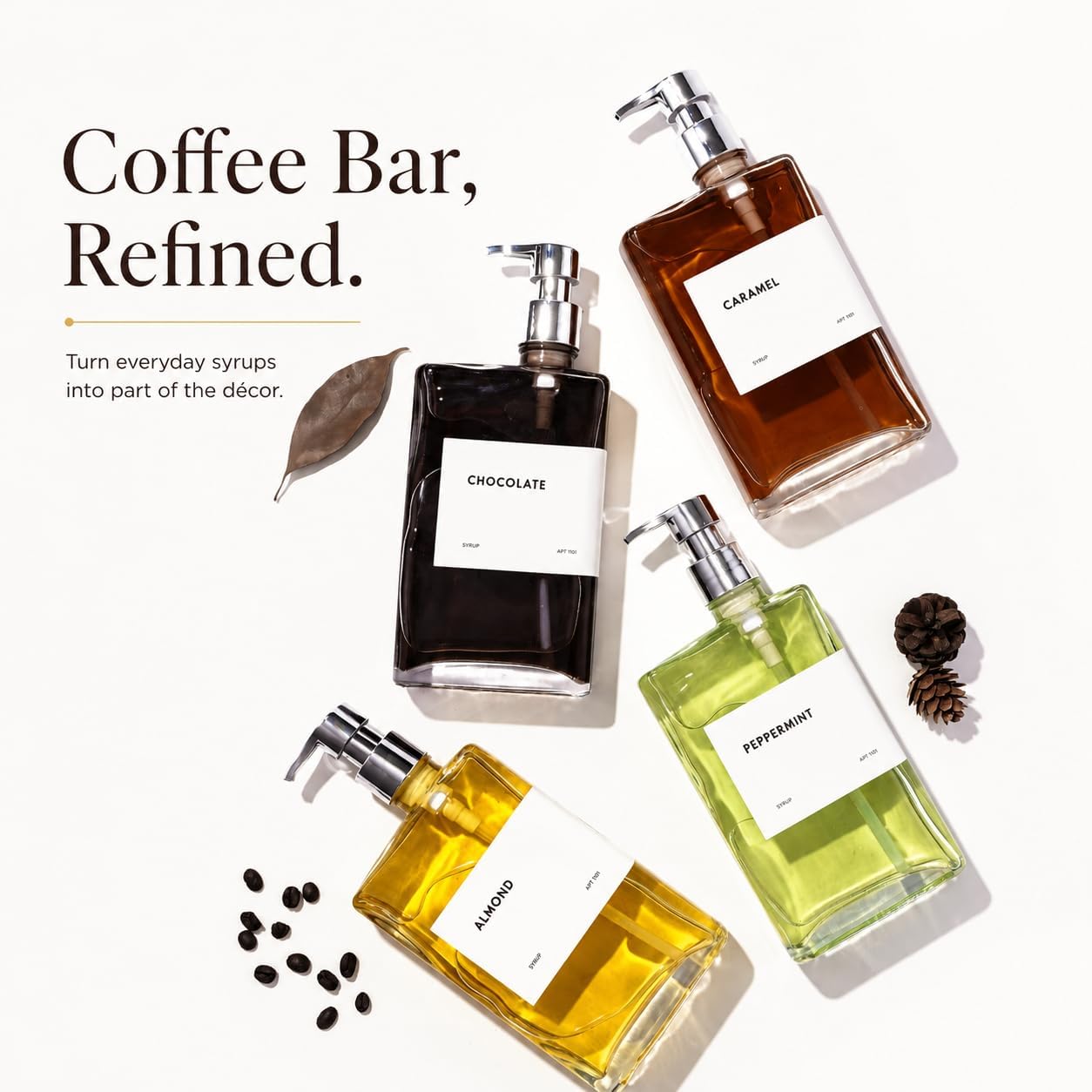 Glass Coffee Syrup Dispensers with Pumps, Syrup Bottles with Label Set - Essential Coffee Bar Accessories, 11.8 oz/350ml, Set of 4