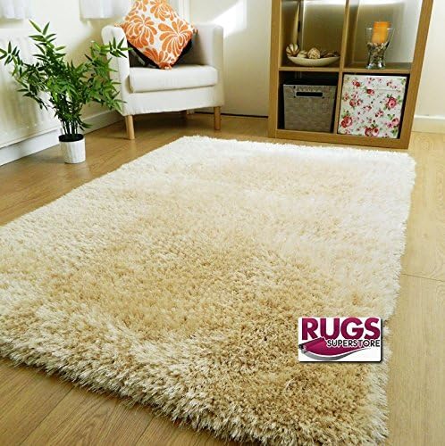 RUGS SUPERSTORE NEW THICK SILKY SOFT HAND TUFTED SHAGGY RUG 6CM PILE (60X120CM) (OYSTER CREAM MIX)