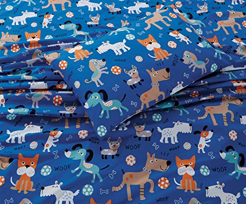 Better Home Style Playing Puppy Blue Kids/Boys/Toddler 4 Piece Sheet Set With Woof Woof Wagging Dogs Pups And Puppies Includes Pillowcases Flat And Fitted Sheets # Blue Dog (Full) #TOP1