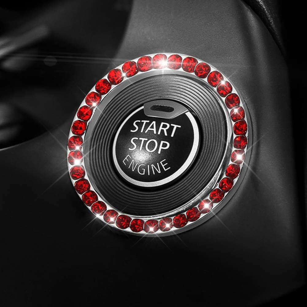 OTOSTAR 5 Pack Bling Car Accessories Set for Women, Universal Diamond Steering Wheel Cover Fit 15 Inch, Bling Car Armrest Cover, Bling Car Cup Coaster Holder, Car Bling Ring Emblem Sticker, Red