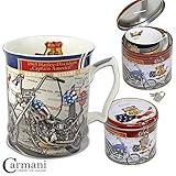 Taza blanca de la porcelana para el té o el café. Presentado en una caja de lata muy bien impresa hucha para monedas. Es un excelente contenedor para ahorrar dinero.