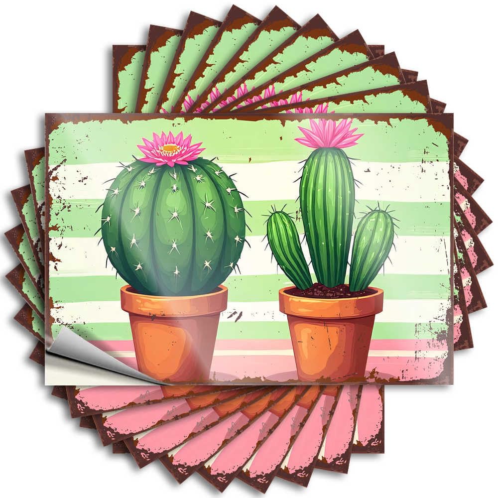 Fzfn Colour Stickers Cool Easy Apply | Colorful Cacti Blooms In Terracotta Pots Against Striped Backgrou Vintage Garage Peel And Stick(12X18cm)