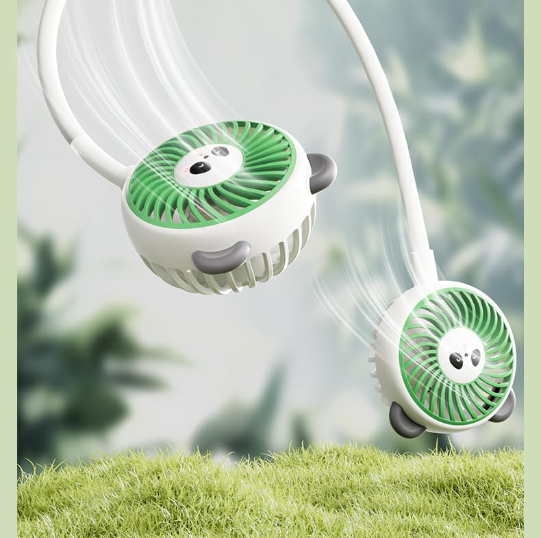 Image of DEOXY Panda Design Neck Fan, Dual Head Hands-Free Wearable Fan, USB Rechargeable, White and Green, Women, Men, Kids
