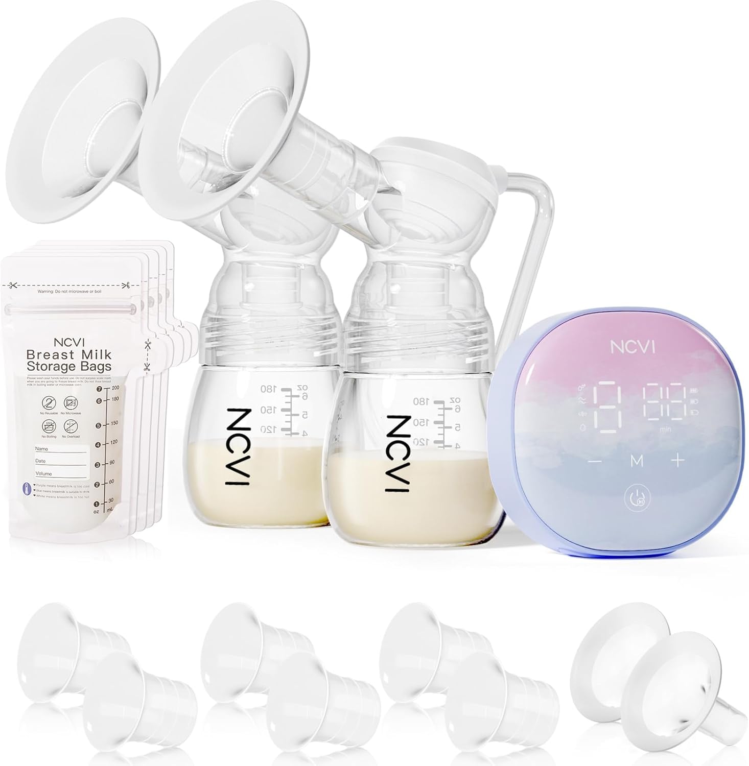 NCVI Double Electric Breast Pump 8122, Portable Milk Breastfeeding Pump with 4 Modes 9 Levels, Hospital-Grade Suction 280mmHg with 17/19/21/24mm Flanges for Home, Office and Travel, USB Rechargeable
