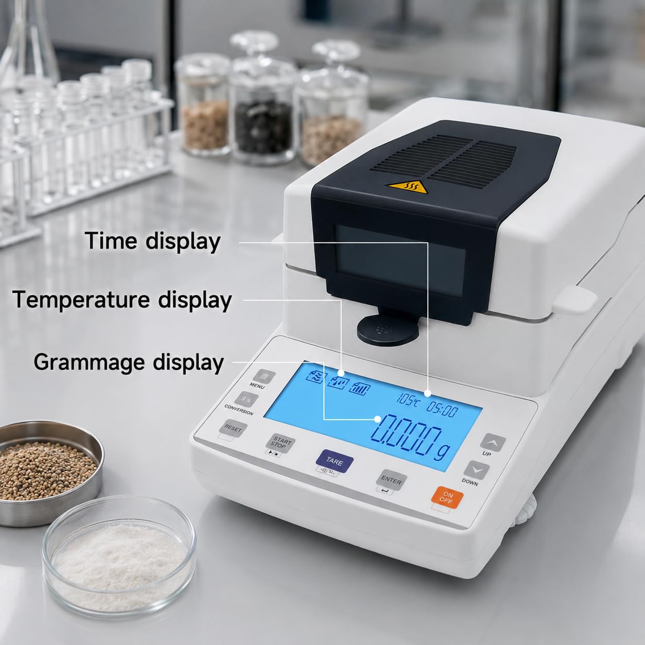 Analizador de humedad halógeno, capacidad de 110 g, precisión de 0,01 g, pantalla LCD para agricultura, medicina, pruebas de plástico y aplicaciones de laboratorio