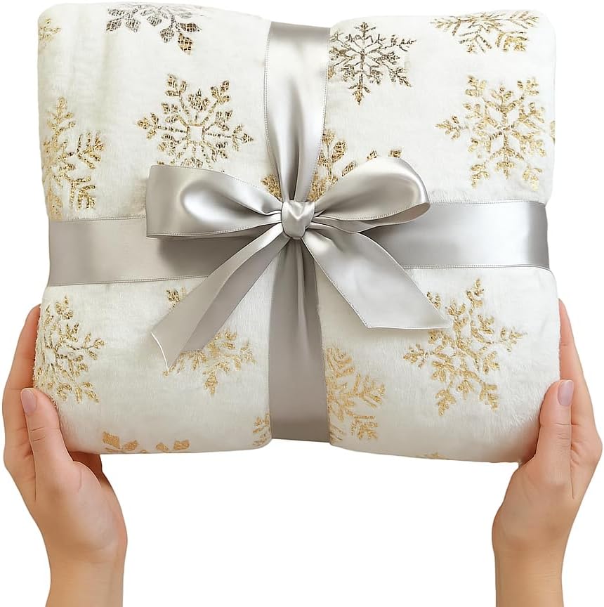 Serafina Home Christmas Holiday Throw Blanket: Velvelty Soft, Durable Fleece Accent for Bed or Couch (Golden Snowflakes, 50 x 60 inches) - Image 4