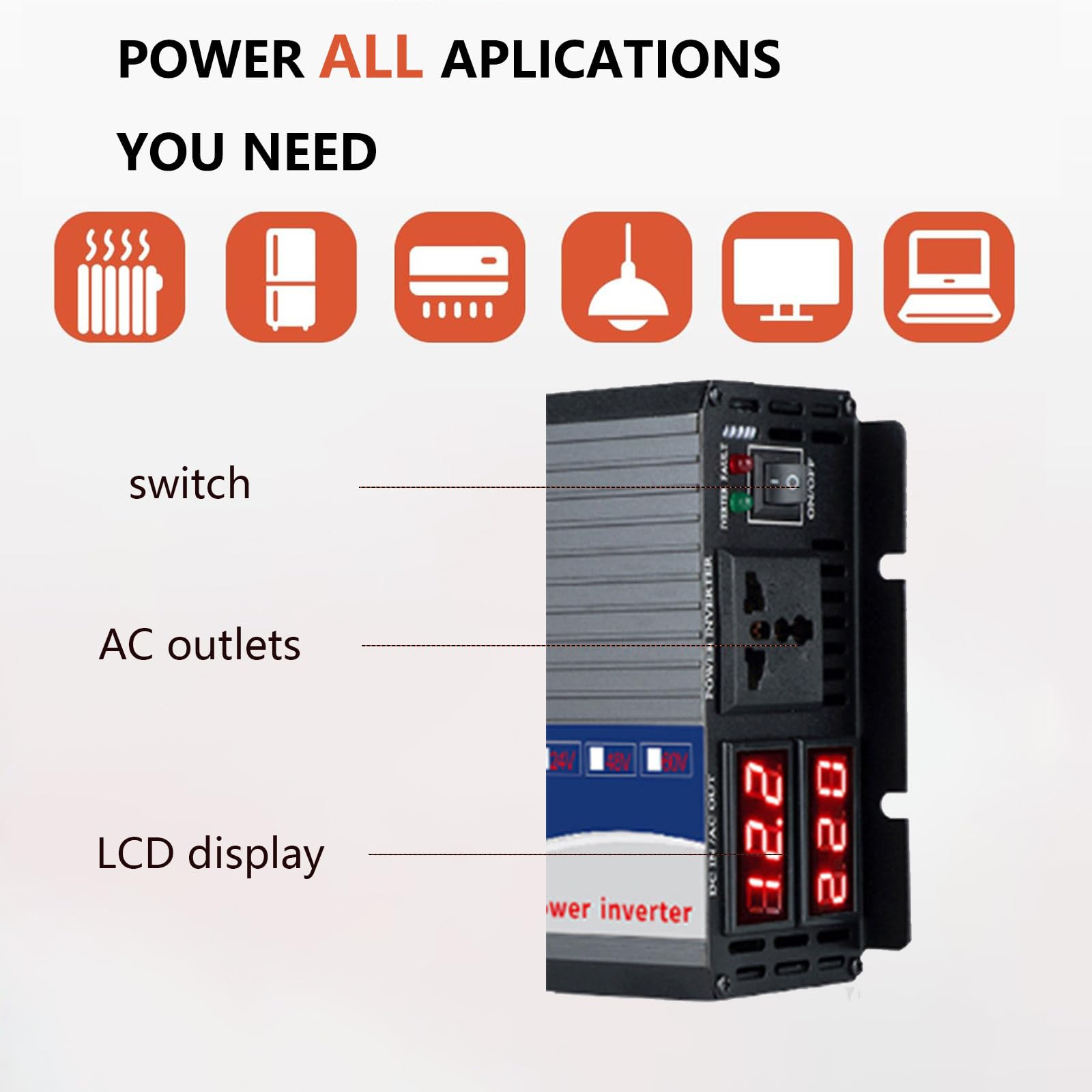 Przetwornica napięcia 3000W 4000W 5000W 12V 24V 48V 60V/72V do 110V 220V DC na AC Przetwornice napięcia Transformator słoneczny z wyświetlaczem LCD i podwójnymi gniazdami prądu,12V3000W
