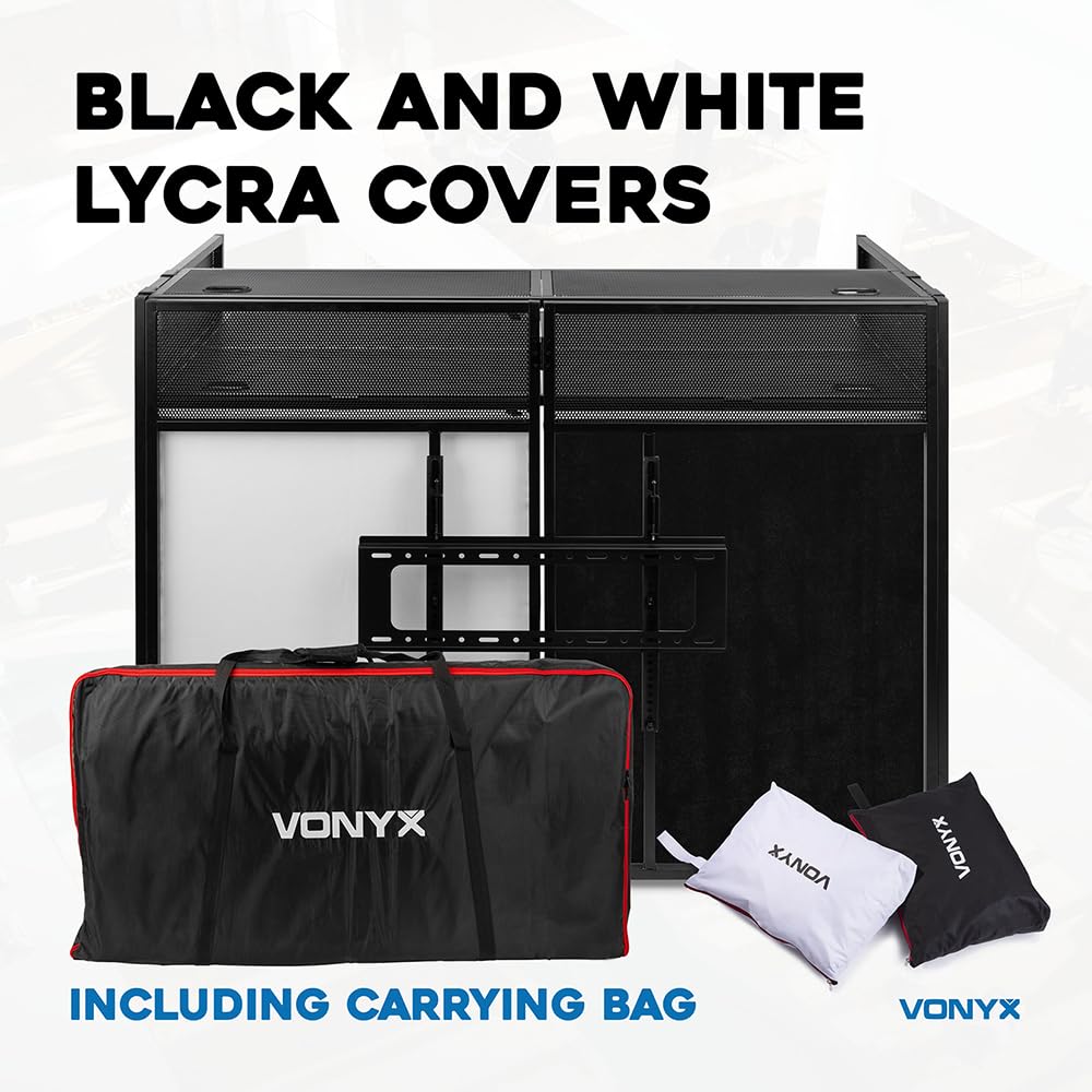 VONYX DB6 Pro Cabina DJ con Supporto TV 25 kg Schermo 65" Lycra Bianco Nero Borsa Trasporto