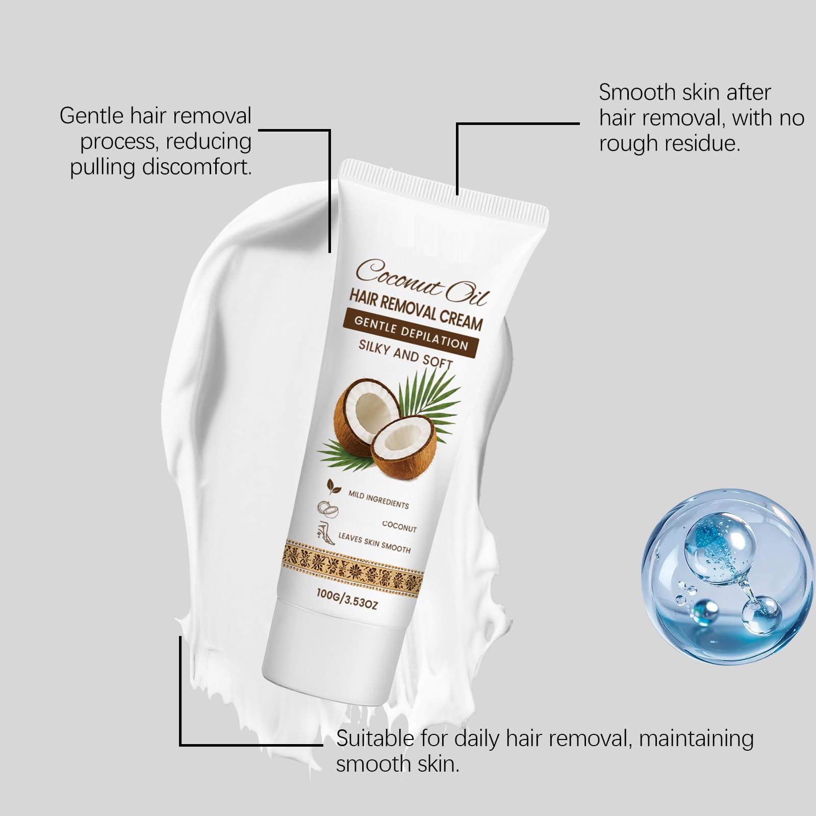 Crema depilatoria con olio di cocco, crema depilatoria per pelli sensibili, ad azione rapida per gambe, braccia e ascelle, 100 g (5 pezzi)