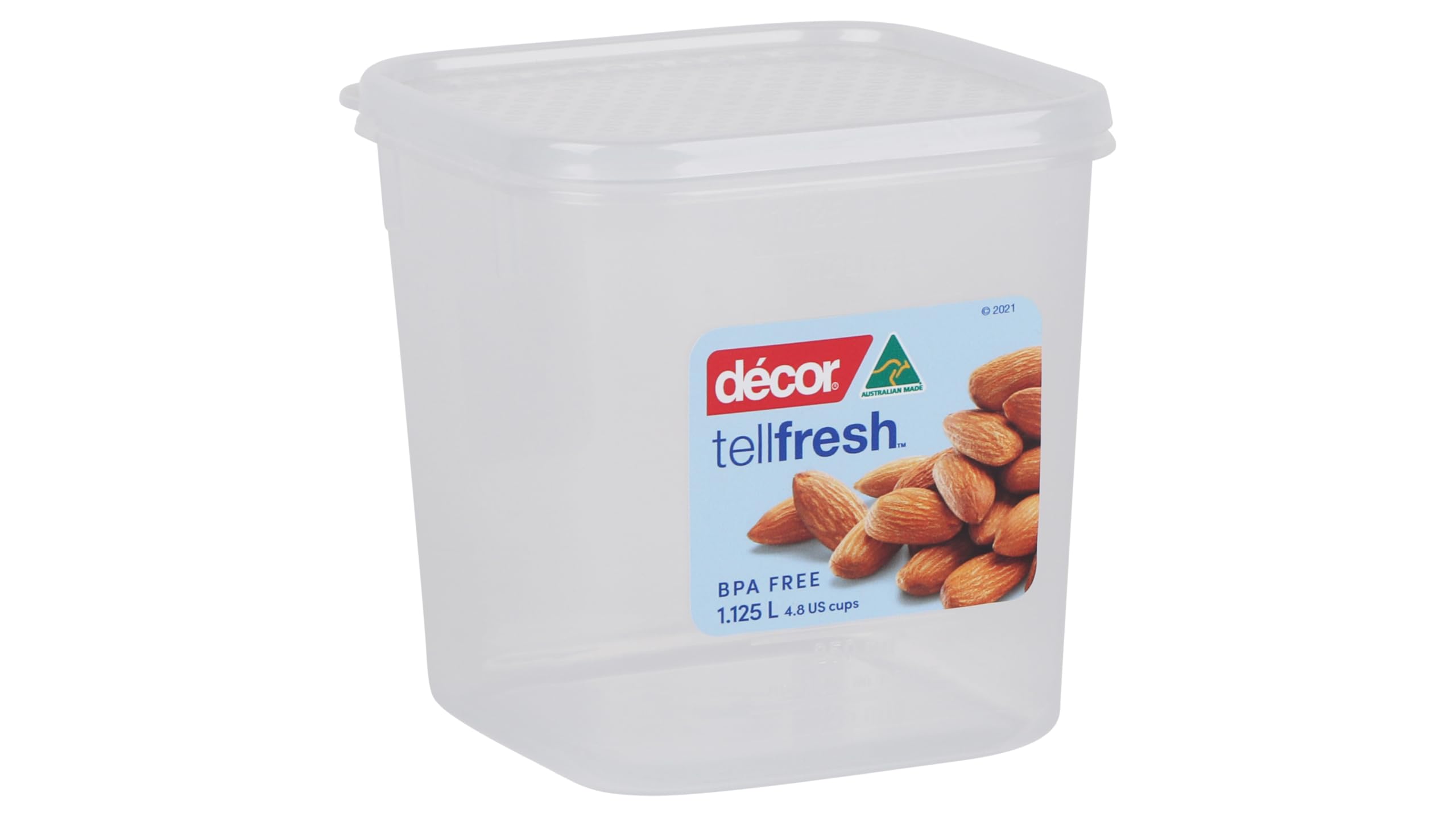 Décor 1.125L Tellfresh Airtight and stackable modular Square Food storage container. Graduated measure feature, BPA Free. Dishwasher, Microwave and freezer safe.