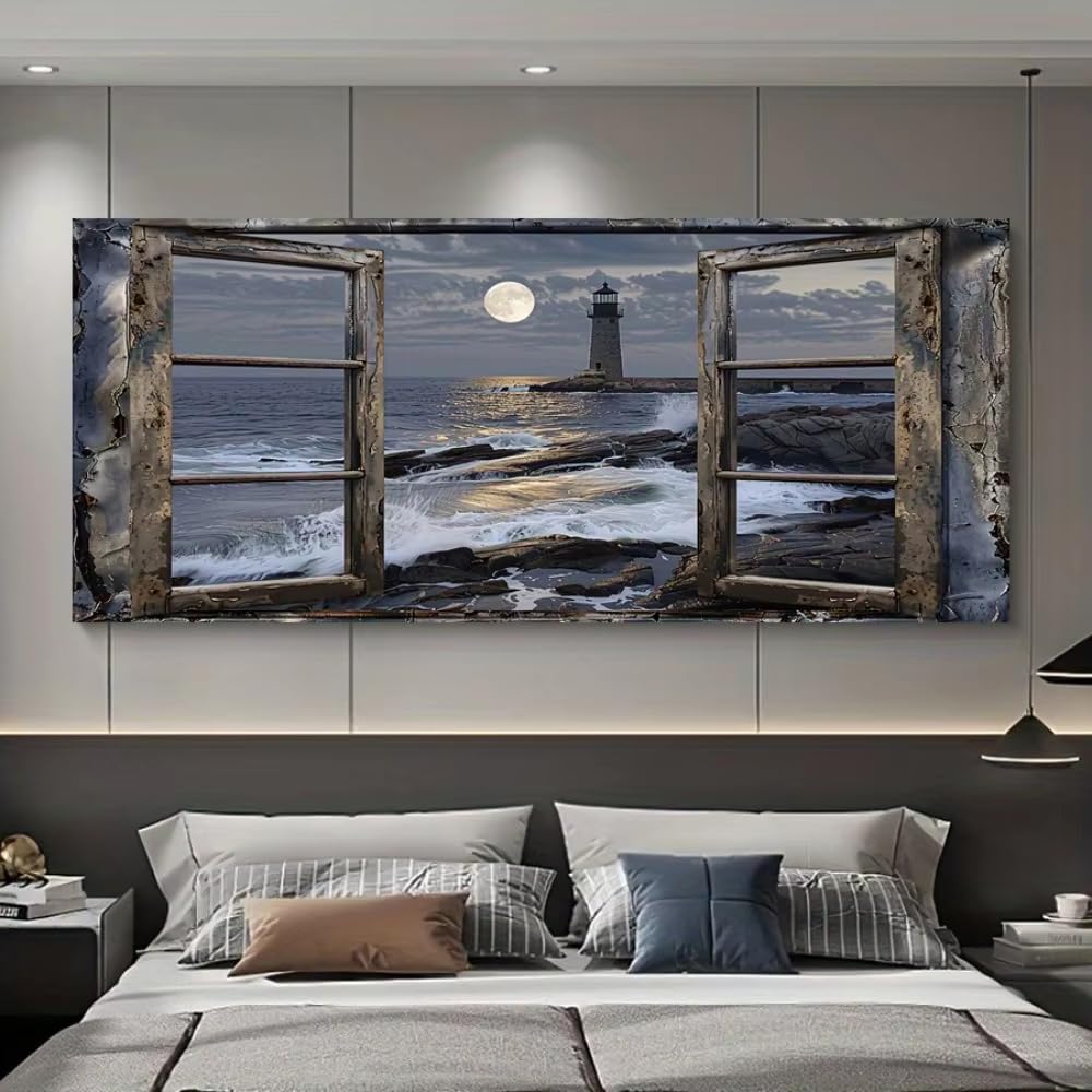 AEFOUU Modern Coastal Lighthouse Sea View Canvas Painting, Ocean Wall and Pane Design Posters for Living Room Decor Picture(30x60cm/12x24in/Frameless)