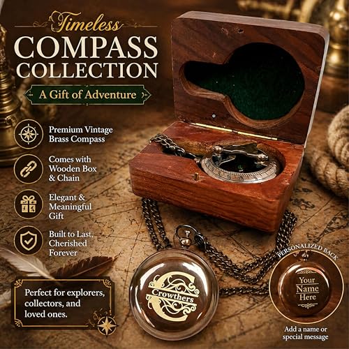 Image of M.A & SONS Push Button Personalized Brass Sundial Compass 1.8 Inch with Wooden Box & Chain | Engraved Back Pocket Nautical Keepsake