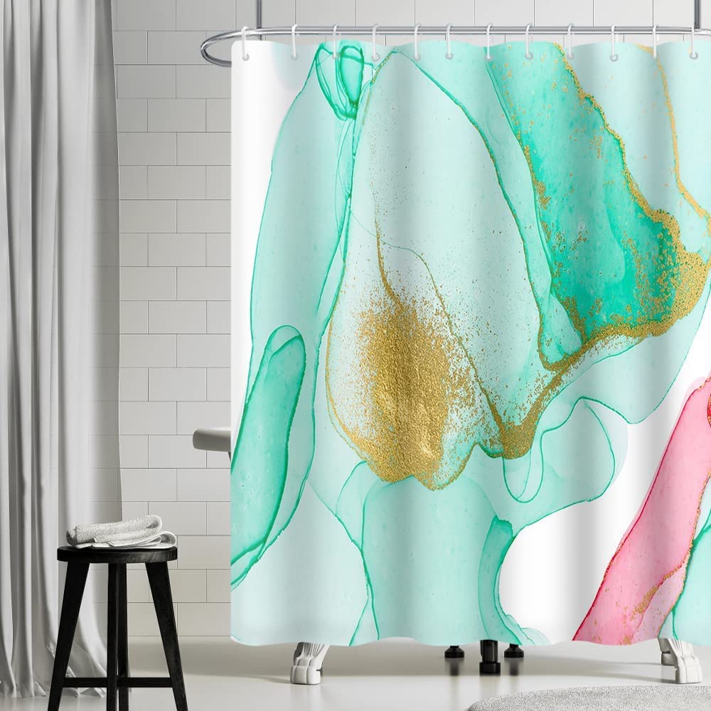 Tenda Doccia Effetto Marmo Verde - 180x180cm Antimuffa Con 12 Ganci, Poliestere Lavabile - Foto 3