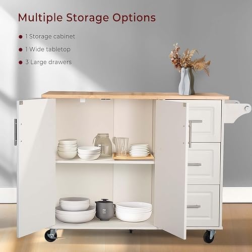 Miniatura 5 de Carrito de isla de cocina rodante de 54 pulgadas con almacenamiento, armario de cocina grande con barra de desayuno plegable de hojas caídas, mesa