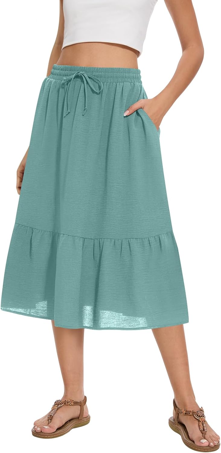 Women's Midi Skirt Summer Tiered Flowy High Waisted Casual Skirts with Pockets