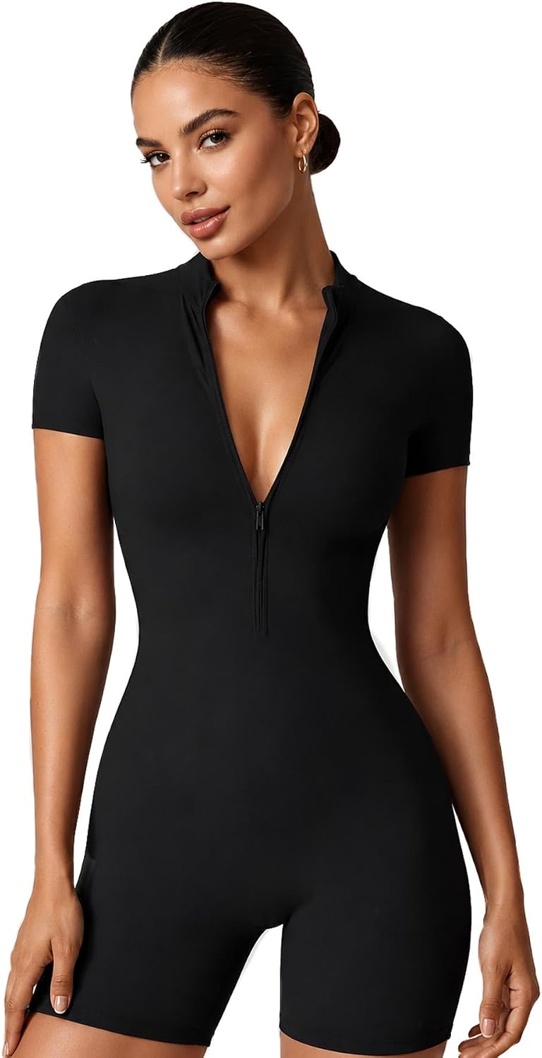 Women Bodysuit Zip Tummy Control Yoga Workout Work Out Gym Set for Athletic Rompers Romper Leotards One Piece Outfit Sexy