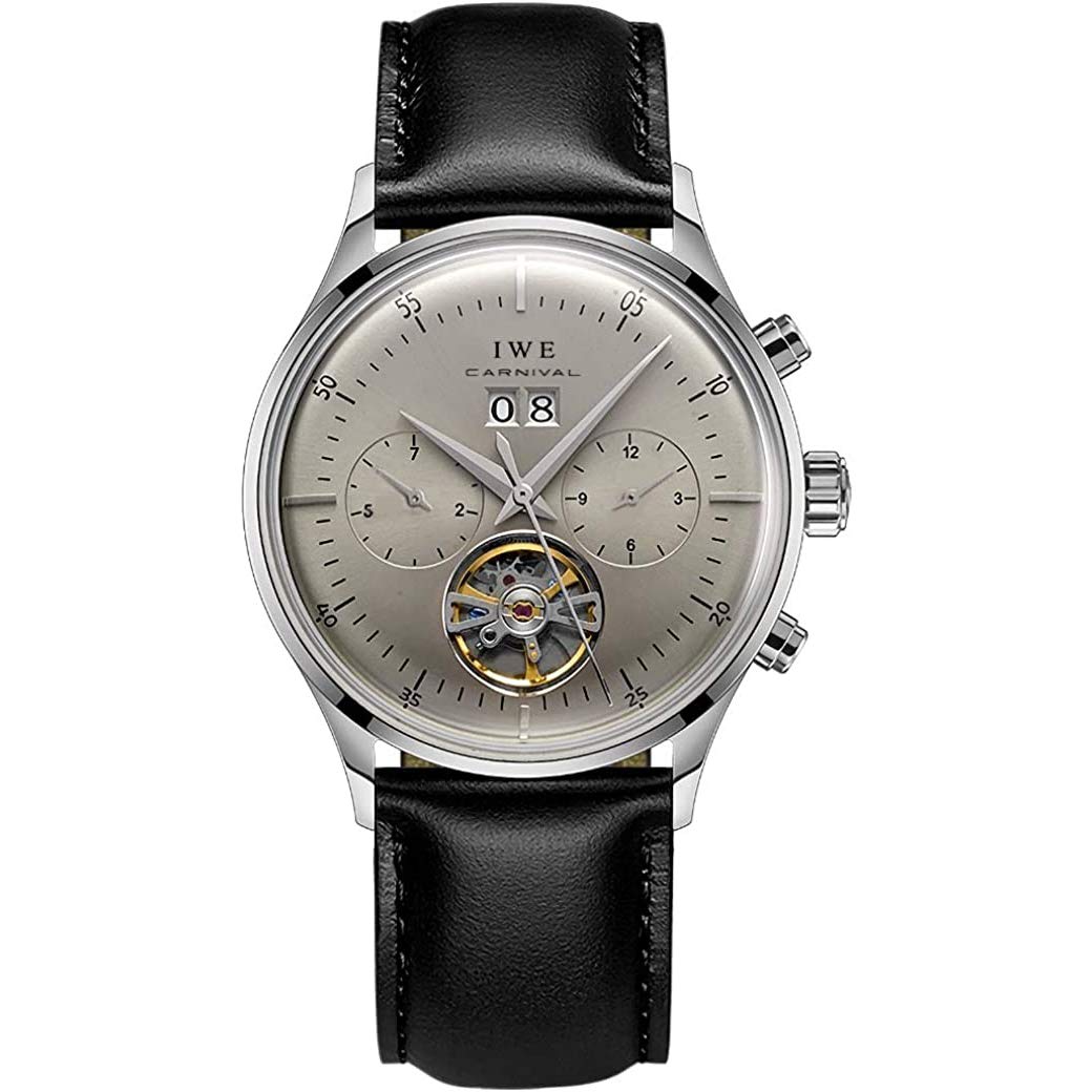MASTOP Schweiz Herren Komplikationen Automatische Mechanische Uhr mit Lederband Business Edelstahl Kleid Armbanduhr Klassisch Kalender Datum Fenster 3ATM Wasserdicht