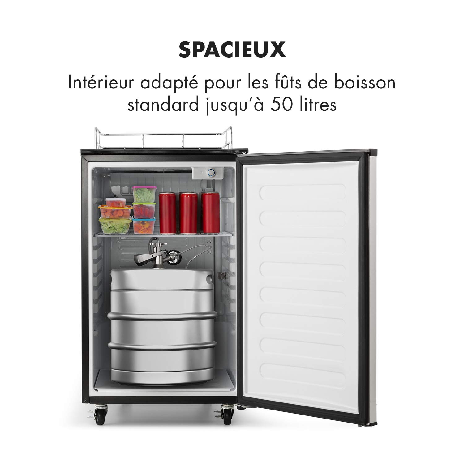 KLARSTEIN Big Dispenser Double - Réfrigérateur pour fût, 4 roulettes, Température réglable, Avec colonne de soutirage - Argent/Noir