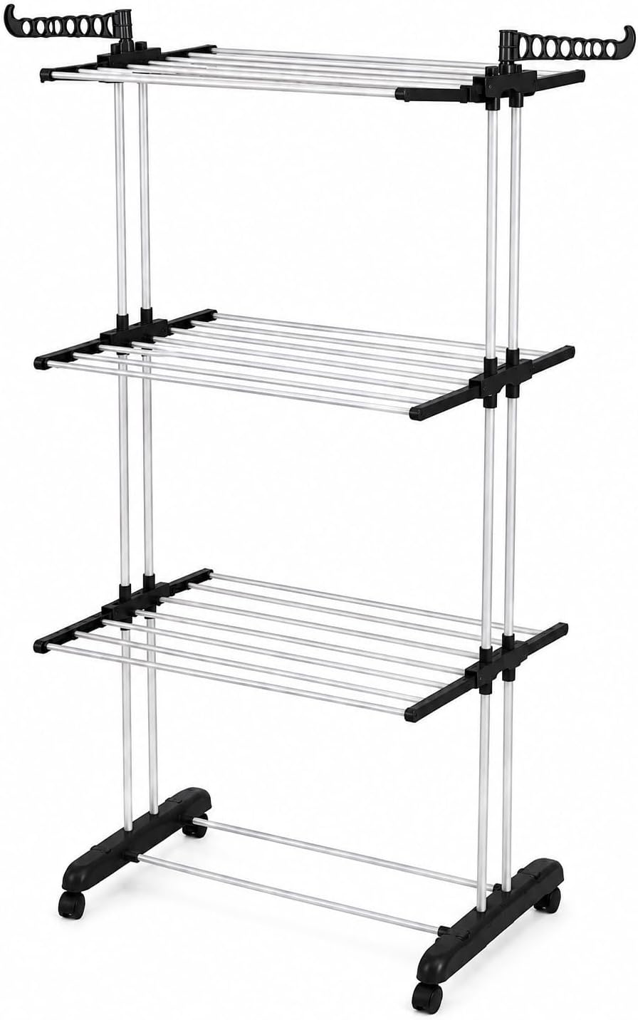 3-Tier Clothes Drying Rack with Wheels, Foldable Rolling Garment Rack with Hanging Arms, Adjustable Multi-Layer Laundry Drying Stand for Clothes, Towels & Shoes, Indoor & Outdoor Use (Black)
