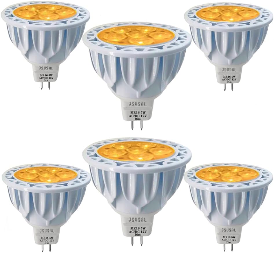 MR16 GU5.3 Bi-Pin Base Yellow Led Bulbs 5W Dimmable,35W 50W Halogen Equivalent,AC/DC 12V Low Voltage,40 Degree Spotlights for Landscape Yard Garden Tree Pool Holiday Lighting,6-Pack