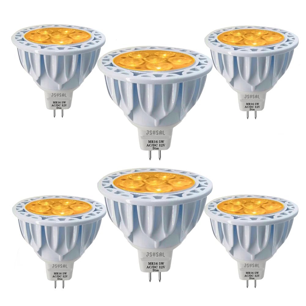 MR16 LED-Leuchtmittel, dimmbar, Gelbes,5 W, ersetzt 50 W Halogen-Äquivalent, 12 V GU5.3 Bi-Pin-Sockel, 40 Grad Spot Beleuchtung für Innen- und Außen-Landschafts-Leuchtmittel, 6-Pack