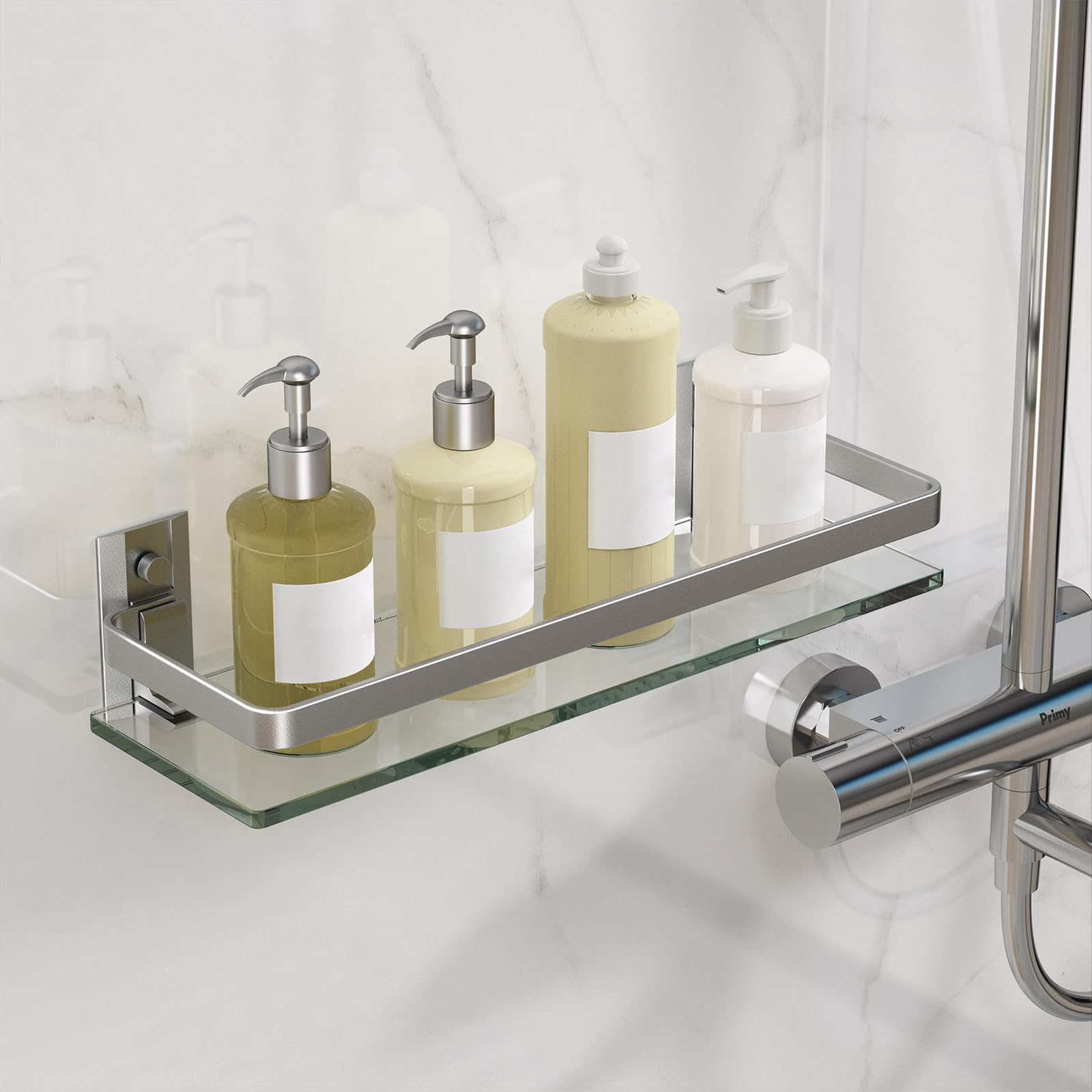 Danpoo Étagère Murale en Verre Tablette Salle de Bain,étagères murales en Verre trempé de 6 mm d'épaisseur pour Salle de Bain avec Support en Aluminium, Organiseur de shampooing, argenté