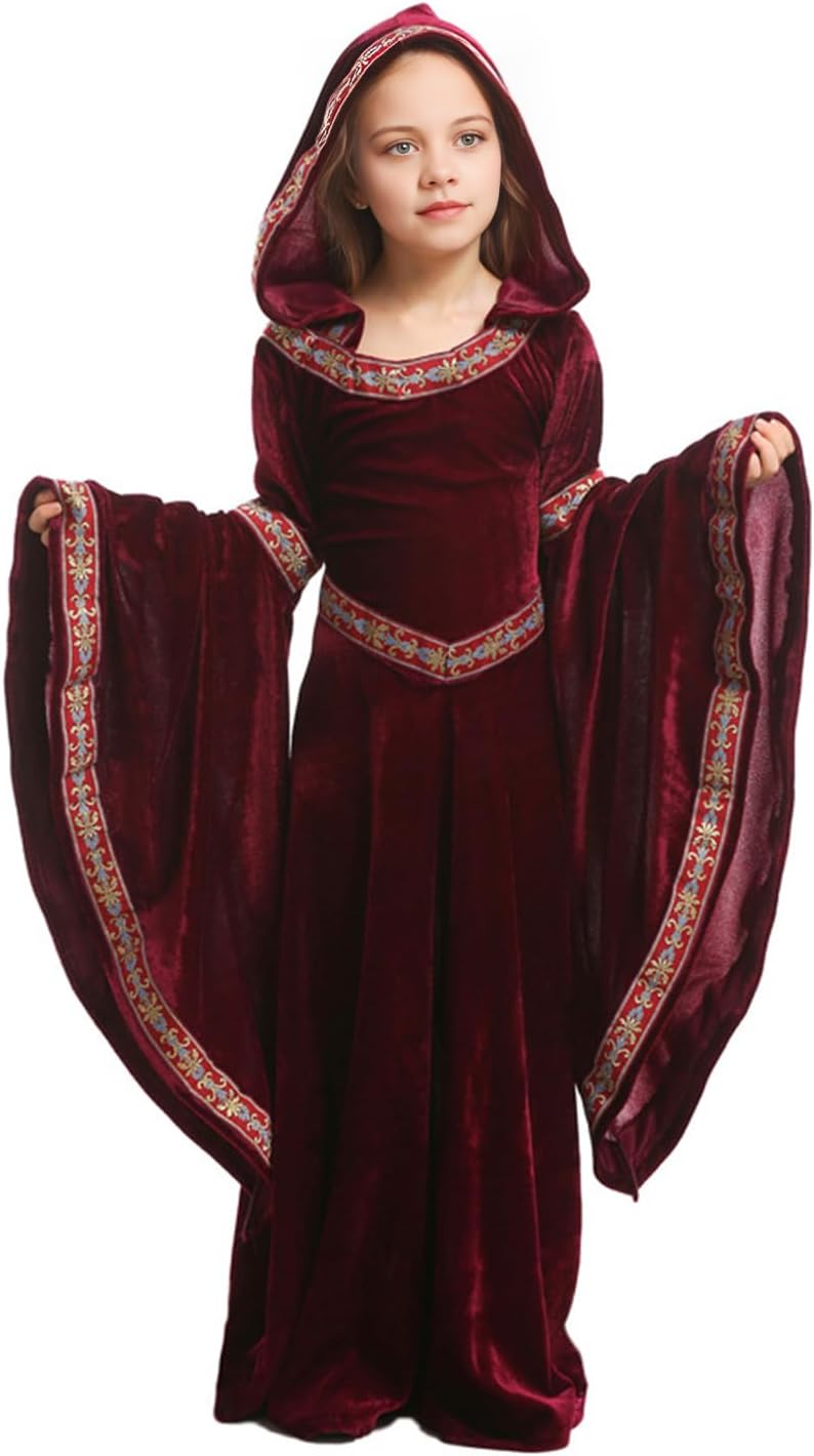 BJU Girls Medieval Princess Costume Renaissance Costume Kids Hooded Robe Dress Halloween Cosplay - Image 4