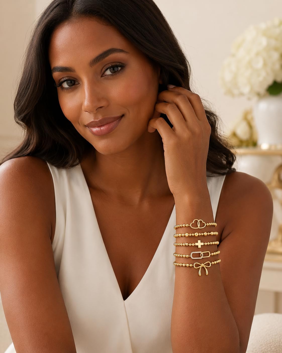 Yuoos Gold Beaded Bracelet Set for Women Stackable Stretch Bracelets Heart Cross Bow Link Charms 14K Gold Plated Trendy Fashion Jewelry Gifts