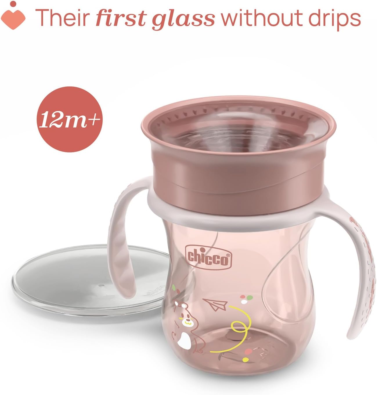 Chicco Perfect Cup, Anti-Spill Cup for Children 200 ml, 1 Bottle 12+ Months for Learning to Drink, with 360° Silicone Membrane and Removable Handles, 0% BPA, Pink