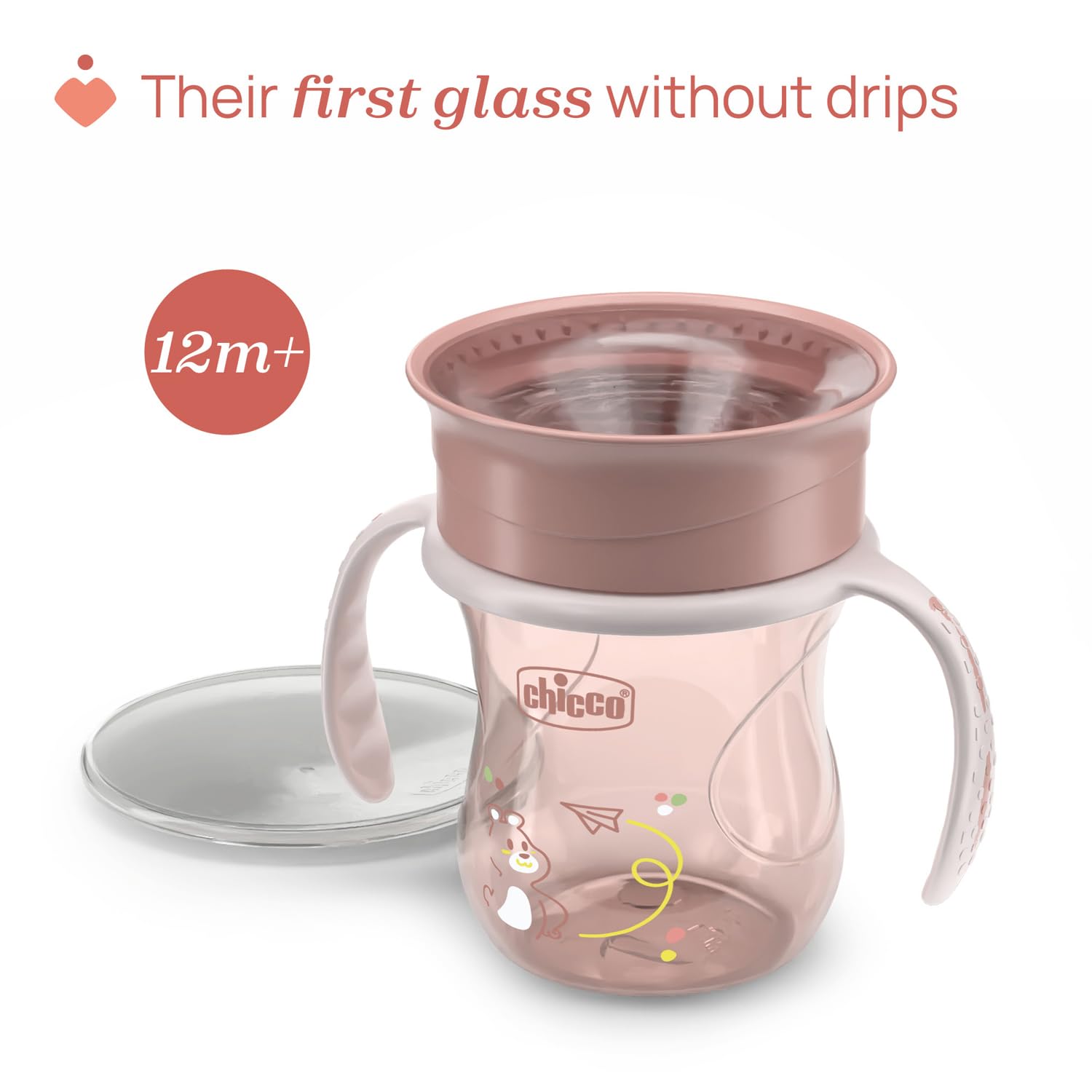 Chicco Perfect Cup Premier Verre pour Enfants 200 ml, 1 Tasse Biberon 12+ Mois pour Apprendre à Boire, avec Membrane en Silicone à 360° et Poignées Amovibles, sans BPA, Rose