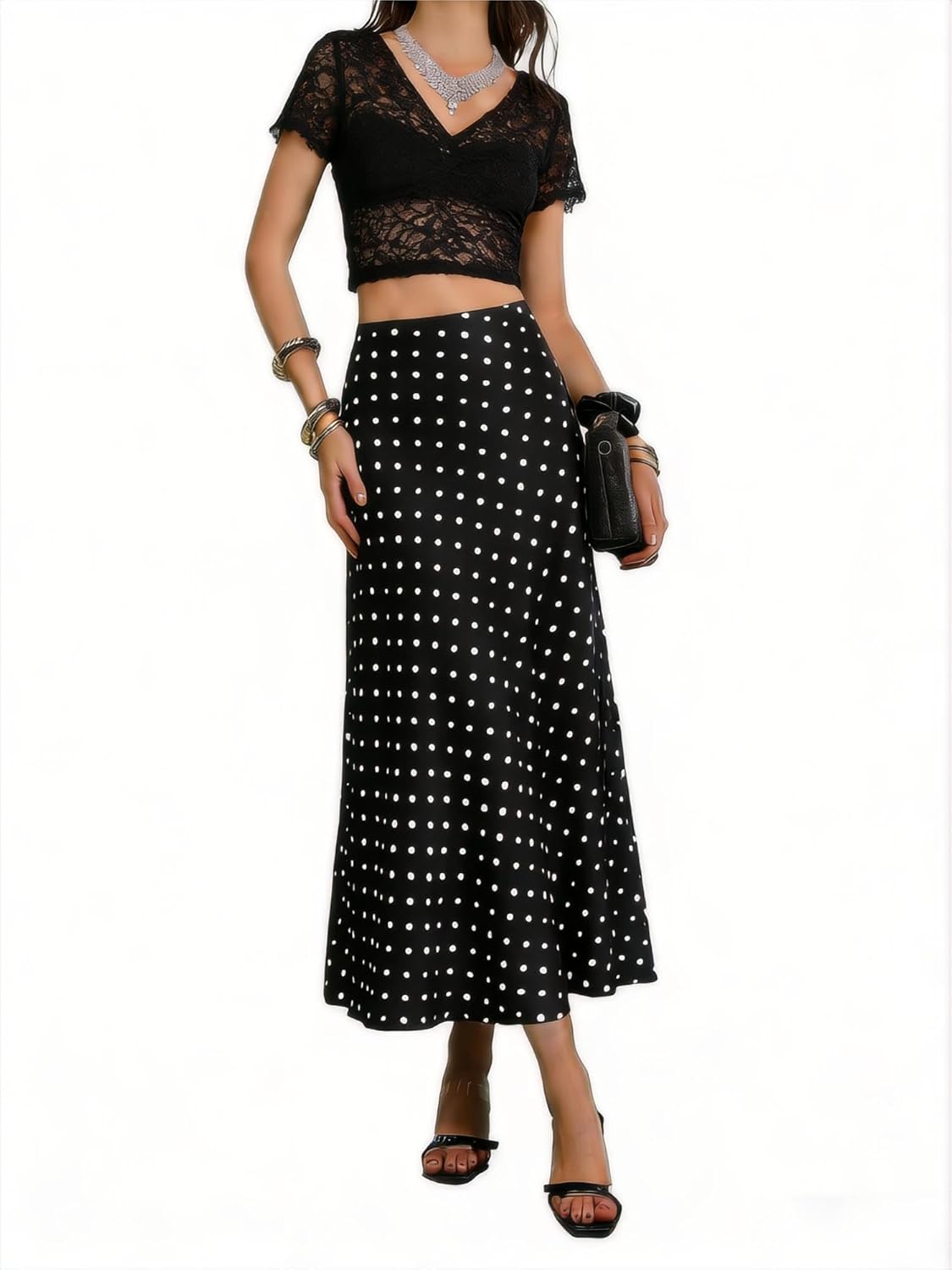 Women's High Waisted Long Skirt Silky Polka Dots Midi A Line Flowing Elegant Dressy Summer Vacation Outfits