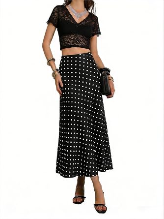Womens High Waisted Long Skirt Silky Polka Dots Midi A Line Flowing Elegant Dressy