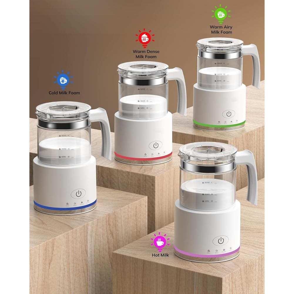 Eléctrico de Vidrio 4 en 1 Función Tapa, Capacidad de 250ml para Capuchino o 500ml de Leche Caliente, Incluye Adaptador de Corriente Europeo EU Plug Negro