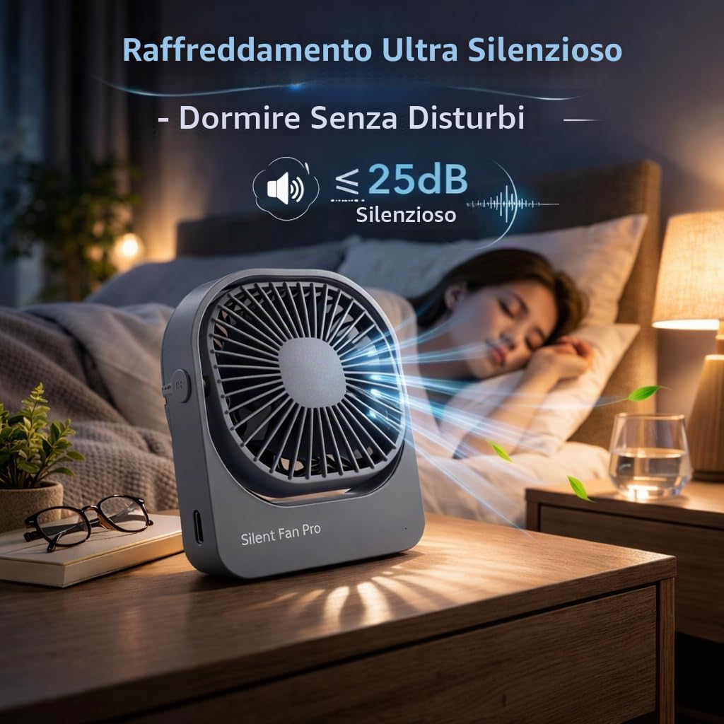 Ventilatore Silenzioso da Tavolo, 3 Impostazioni di Velocità, Unga Durata, Ventola di Raffreddamento Portatile per Uufficio, Casa, Dormitorio - F102 (Grigio-Senza fili)
