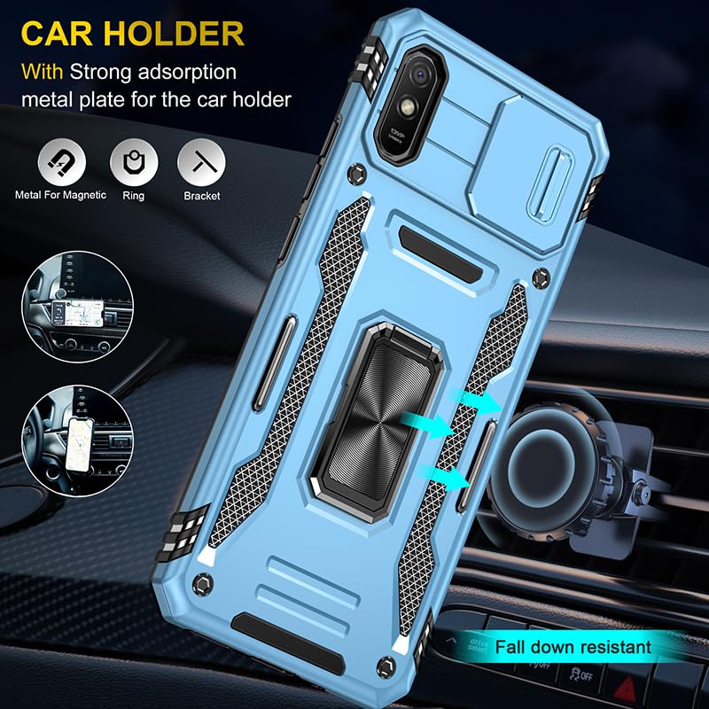 Image of Polycarbonate Slide Camera Cover with Ring Holder Mobile Phone Back Cover for Mi Redmi 9A /Redmi 9i (Blue)