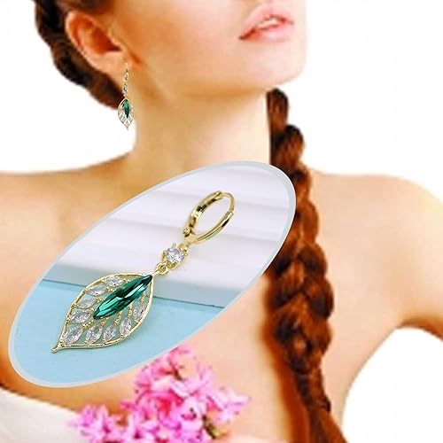 Miniatura 6 de Aretes colgantes de hoja de circonita verde simple, diseño clásico de hojas de oro blanco brillante, con bisagras de cristal, aretes de aro de moda,