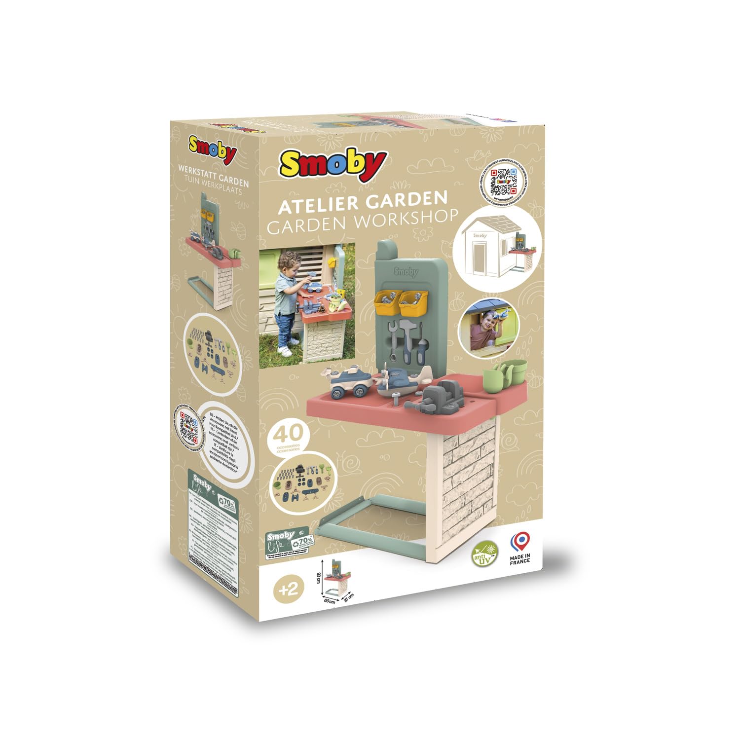Smoby Life – Warsztat ogrodowy – Pasuje do wielu domów – Zrób to sam – 39 akcesoriów w zestawie – Zbuduj własny pojazd – Materiały z recyklingu – Dla dzieci w wieku 2+ lat – Wyprodukowano we Francji