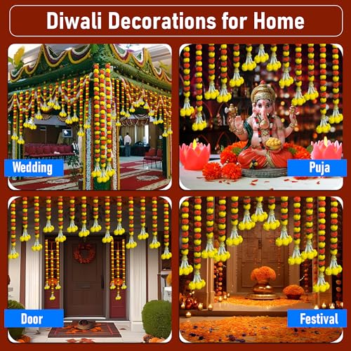 Image of DIYANA IMPEX Marigold Garland for Decoration 5 Pcs of 5 feet Long Strands Artificial Marigold Flowers with Bell, Indian Decor for Pooja /Diwali /Wedding /Christmas (Yellow + Orange + Green)