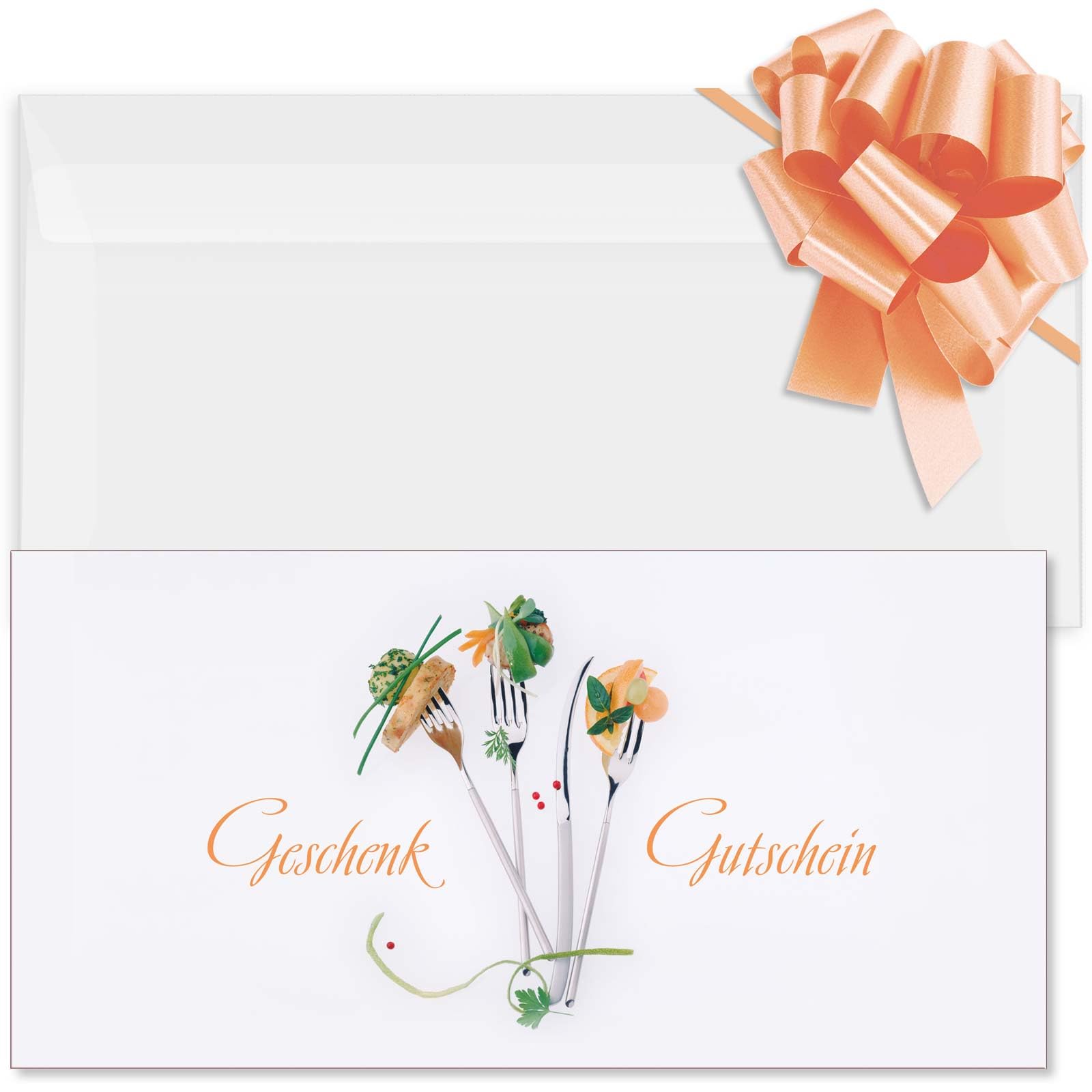 GESCHENKGUTSCHEINcom - 100 Blanko Gutscheine mit Kuvert & Schleife - Formulare mit Vordruck für Restaurant Gastronomie Unternehmen G92112-100-V1