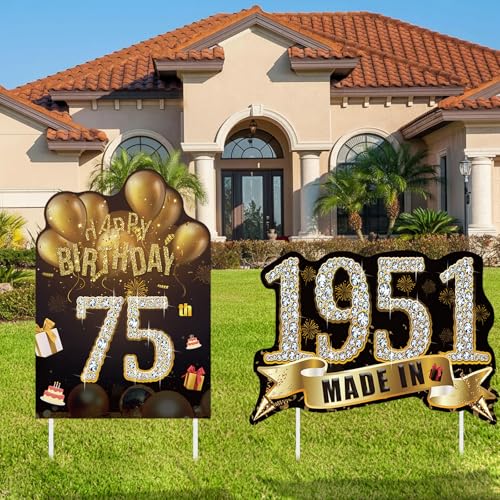 2Pcs Birthday Yard Signs 75th Birthday Decorations for Men Women Black Gold Happy 75 Birthdays Sign Made in 1951 Lawn Signs Party Supplies With Stakes Weatherproof Seventy-five Years Old Decor