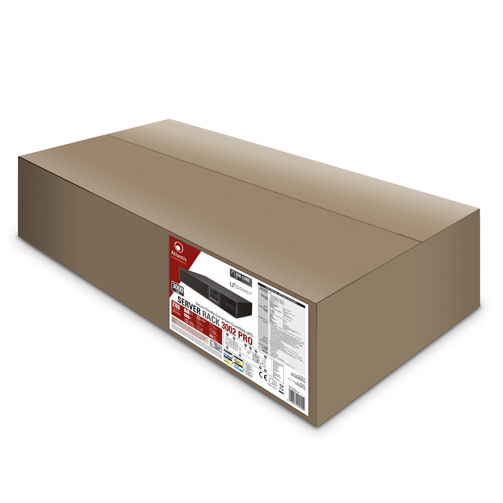 Atlantis A03-OP3002P-RC Pro Onduleur (UPS) Online Double Conversion et Pure sinusoïde avec Une Puissance de 3000VA 2700W, Serveur Rack, écran LCD, USB, RS-232, 8 Sorties IEC, Slot SNMP, 6x12V-9Ah